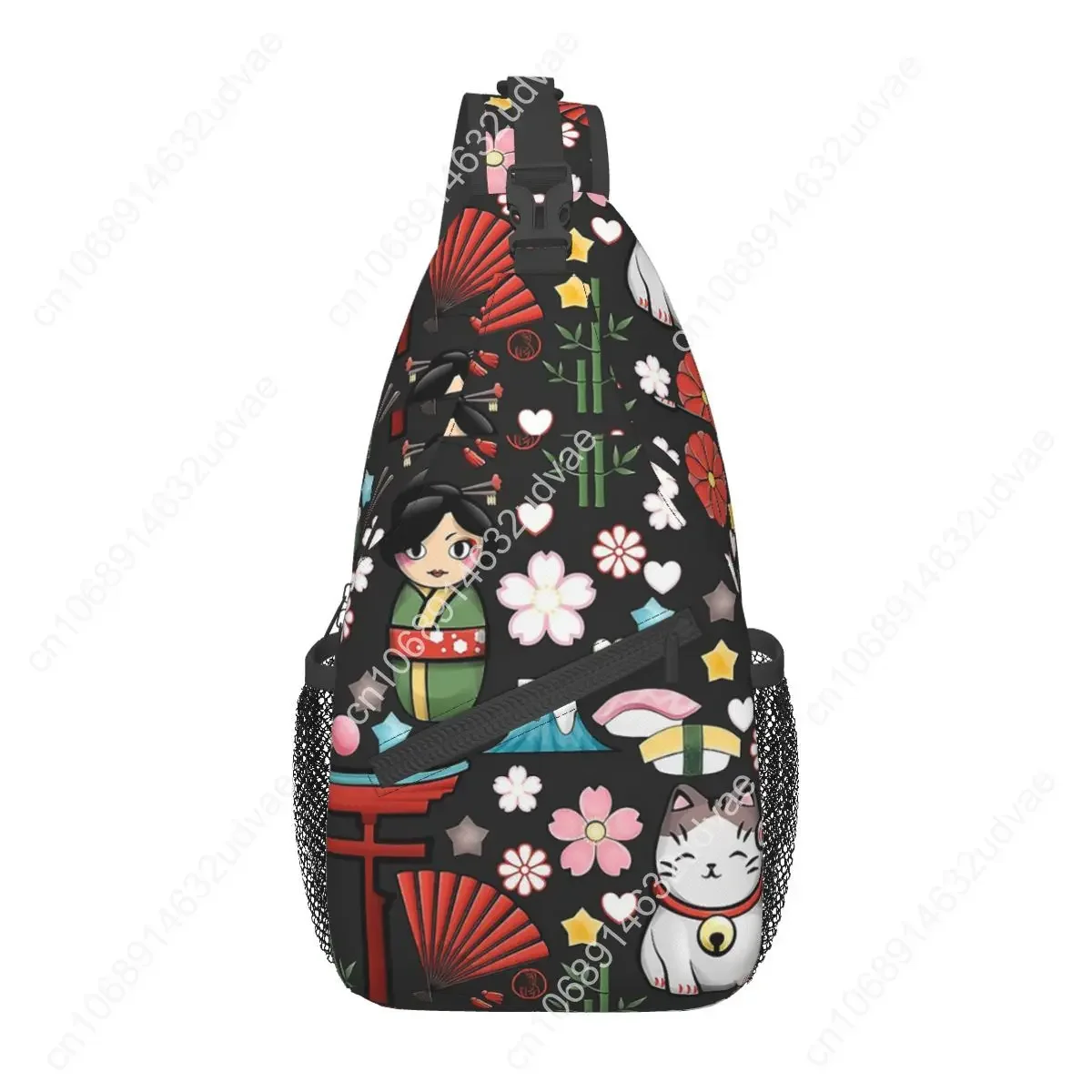 Maneki Neko Lucky Cat Crossbody Chest Bag Shoulder Backpack Hiking Travel Backpacks Kokeshi Kawaii Casual Bag
