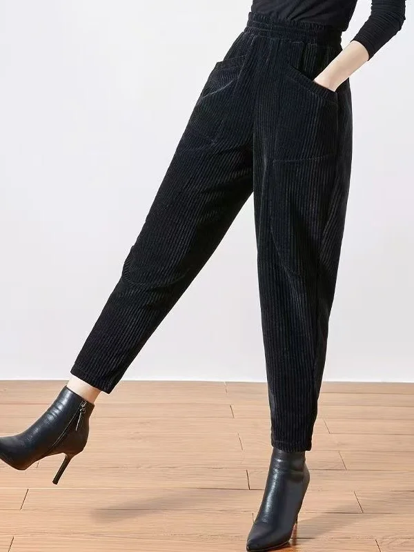 

High Waist Thickened Fleece Women's Cabbage Pants Loose Fit Casual Trousers Warm Polyester Fiber Lantern Pants Style