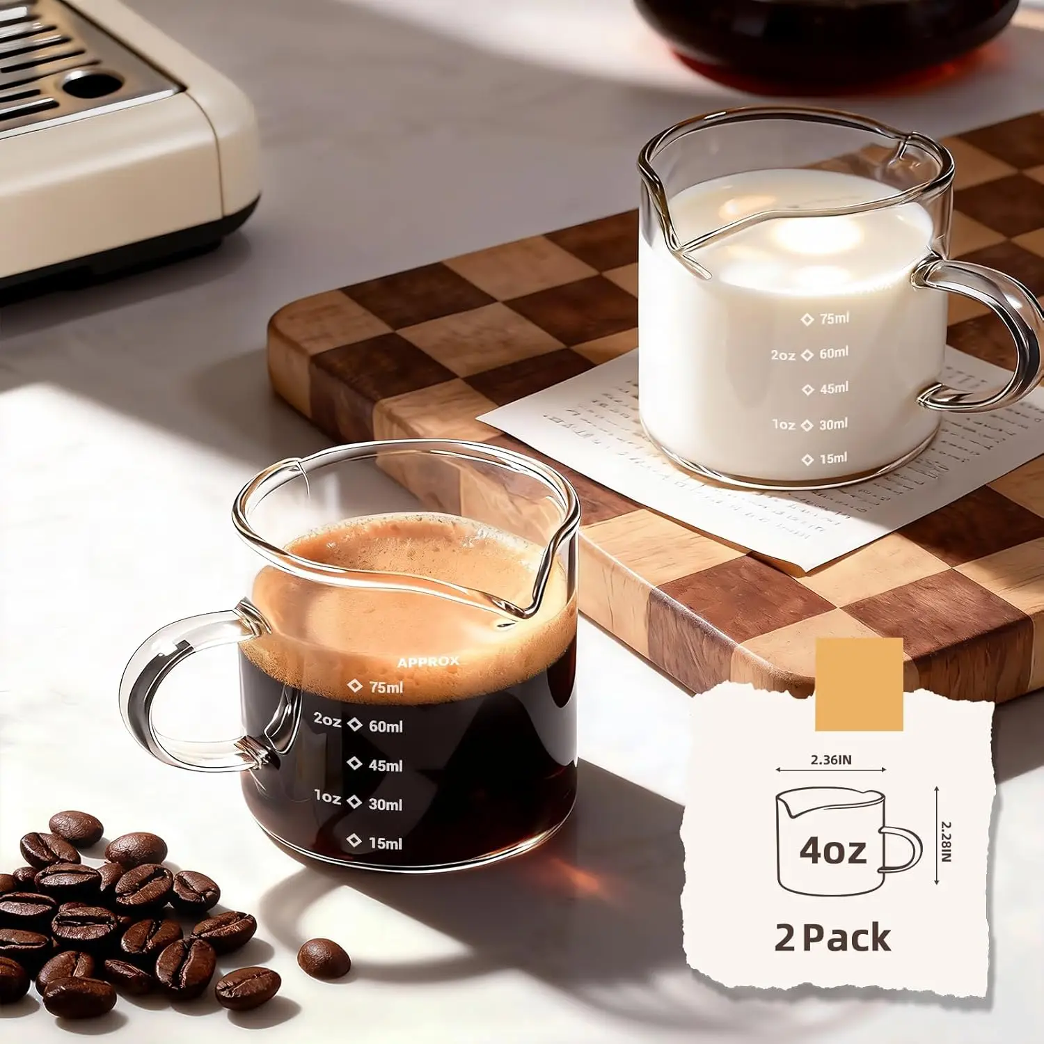 1/2pcs Espresso Cups 4oz Espresso Shot Glass Double Spout Measuring Cup Clear Scale Wine Milk Coffee Measure Jug Home Bar Tools - view 2