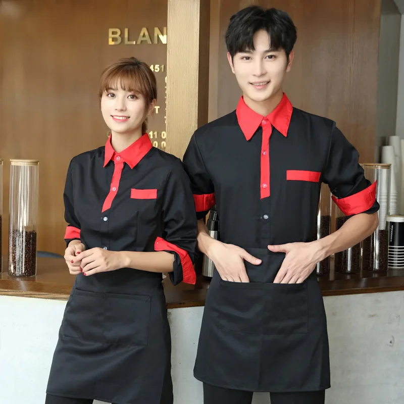 زي عمل نادل المطاعم قميص نسائي طويل الأكمام مطعم غربي مقهى تقديم الطعام الحلوى الحليب الشاي شواء متجر الخريف