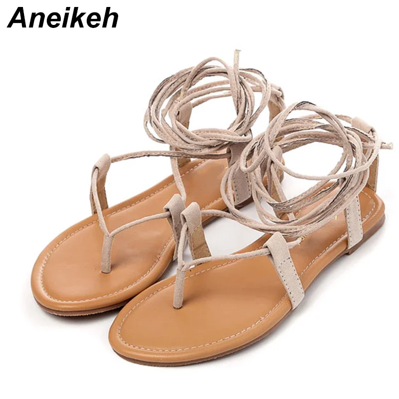 Aneikeh 2024 Summer Roman Flip flops Sandals Multiple Cross-Strap tall knee high Bondage Thong Designer Faux Suede Women Sandals