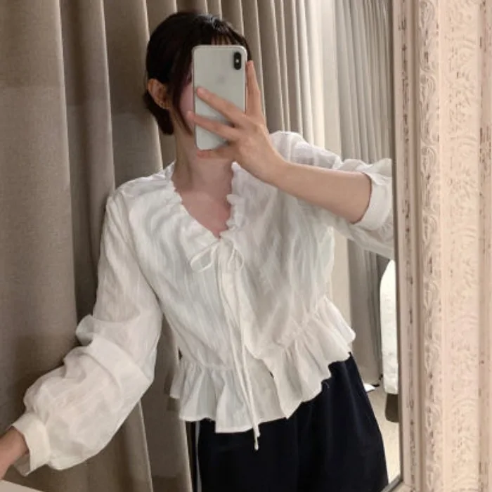 Csa de manga larga antienvejecimiento con cordón y cuello en V para mujer, estilo coreano, e, dulce, versátil, esti...