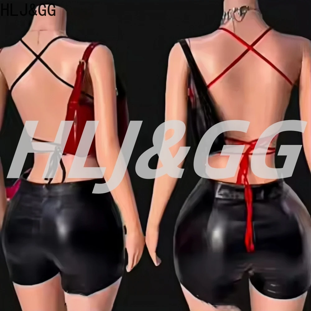 HLJ&GG Sexy Sequin Butterfly Tie Bra Vest Two Piece Sets Women Lace Up Sleeveless Backless Crop Top And Leather Shorts Outfits