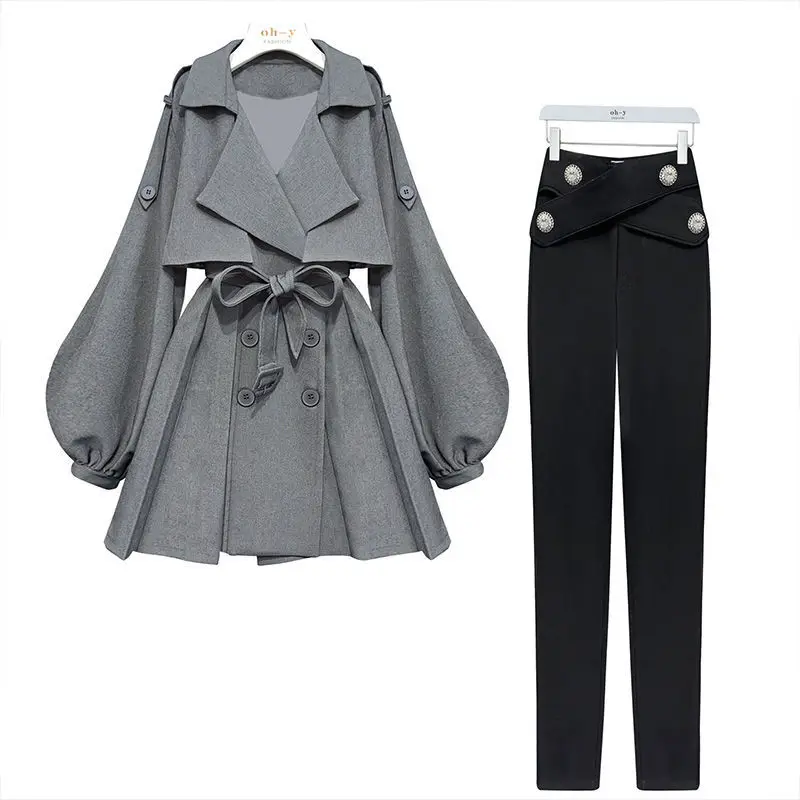 Autumn 2022 New Loose Jacket Dress Windbreaker Casual Pants Two Piece Elegant Women's Skirt Set Full Office Outfit