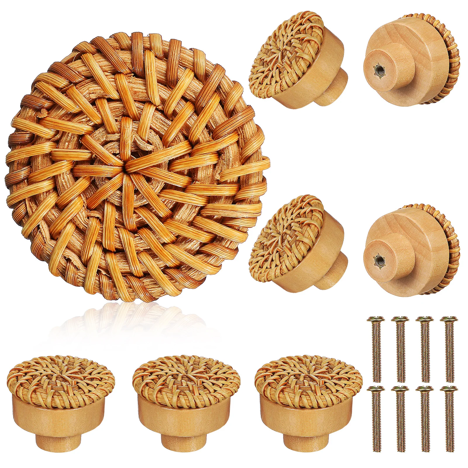 

8 pcs Solid Wood Rattan Handles 40MM Diameter Boho Drawer Knobs Furniture Decorative Pulls Dresser Cabinet Hardware