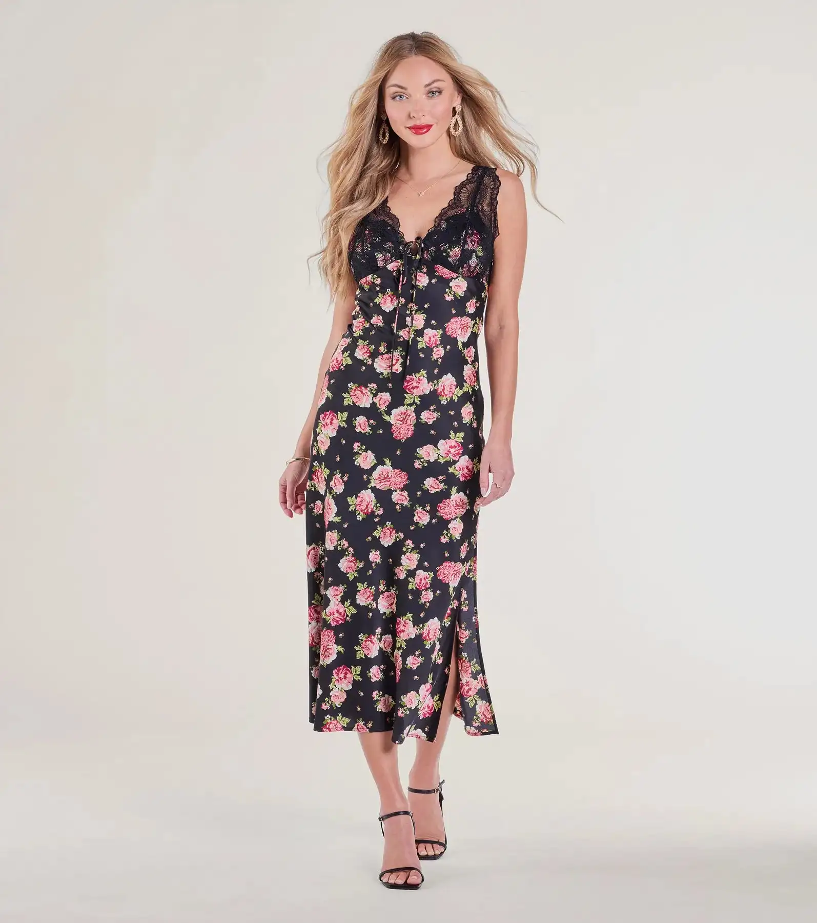 

Sexy Floral Midi Dress for Lady Elegant Sleepwear Loungewear V Neck Lace Trim Satin Nightgown