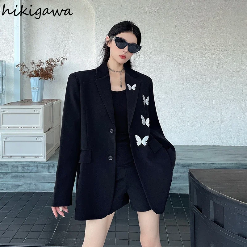 Female Blazers Streetwear Chic Jacket Women Clothing Casual Black Outwear Embroidery Butterfly Casual Overdsized Coat Y2k Tops