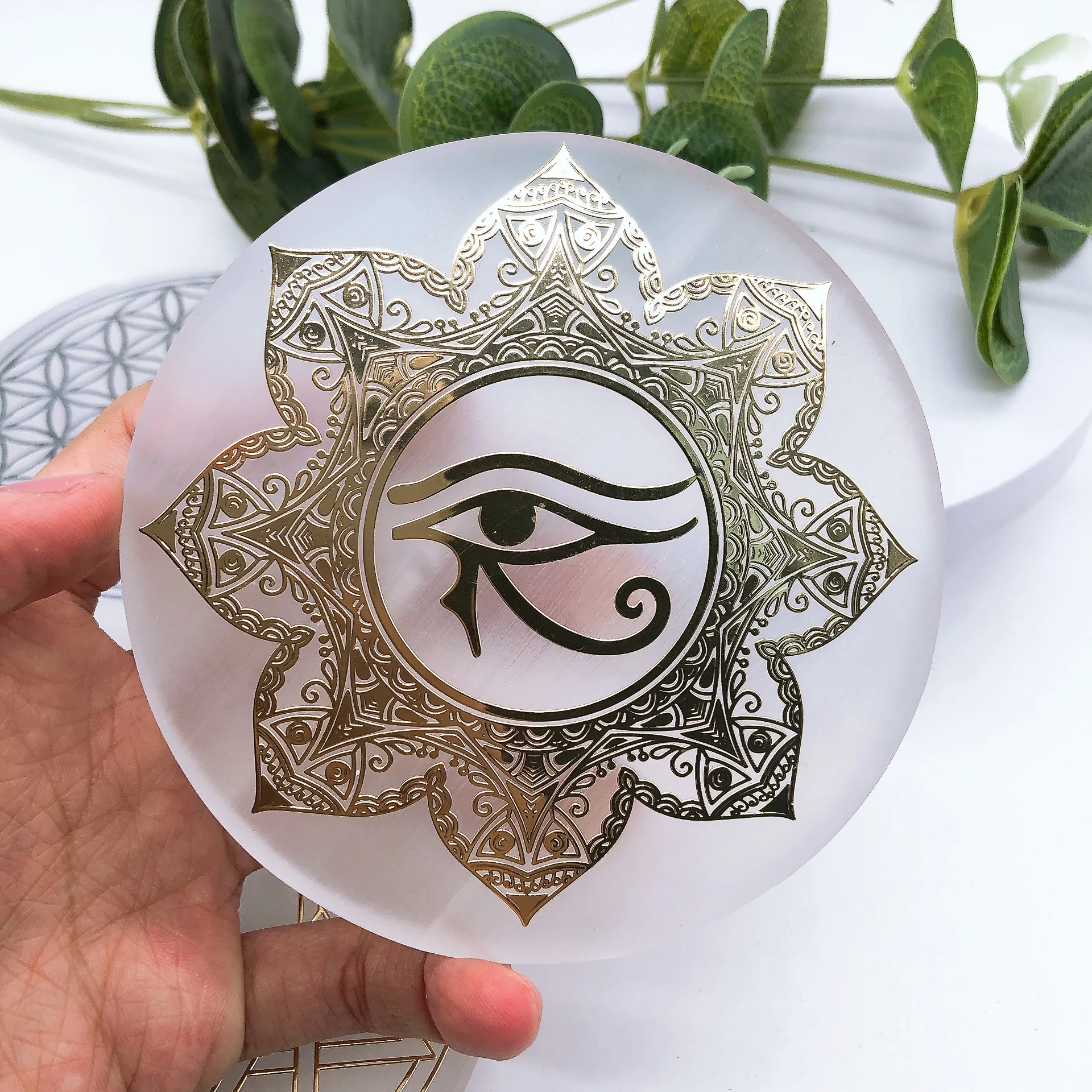 10cm Natural Selenite Slice Crystal Stone Slab Chakra Tree of Life Charging Plate Yoga Meditation Home Decor Energy Healing Gift