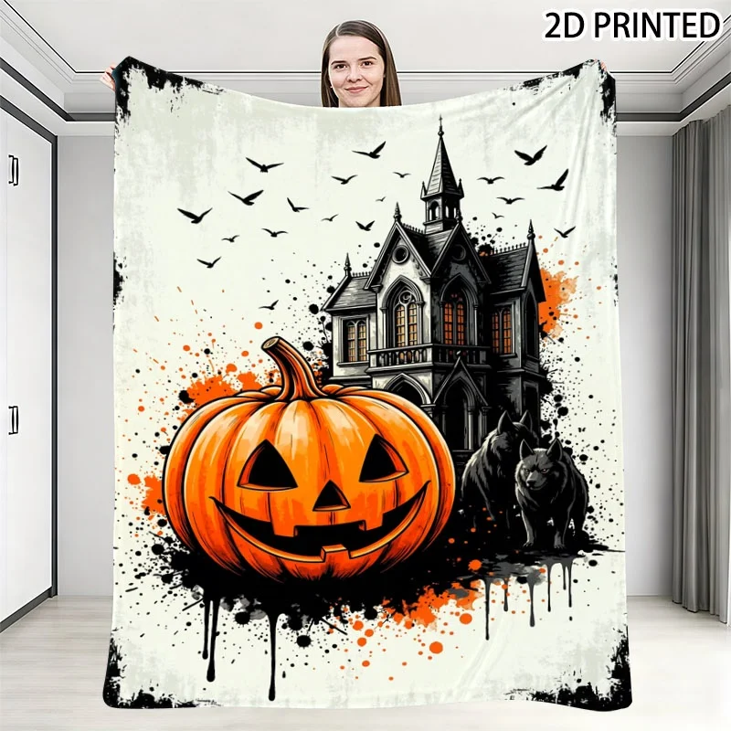 Retro Spooky Halloween Jack-O'-Lantern & Gothic Mansion Print Throw Blanket, Gritty Horror Aesthetic Small Couch Nap Blanket, Mu