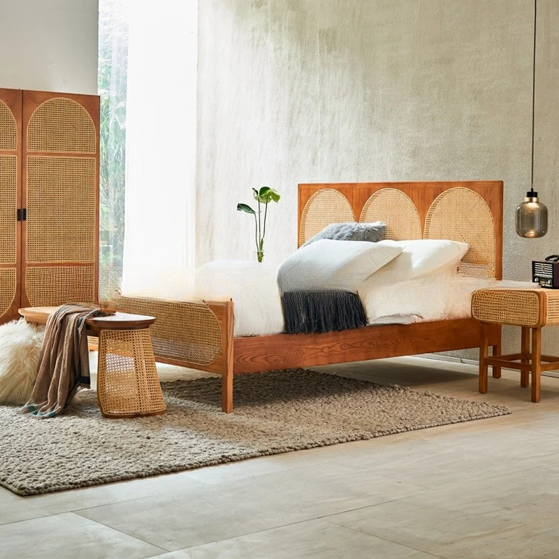 

Solid wood bed modern simple 1.8 rattan bed master bedroom double homestay creative rattan bed 1.5 meters small apartment