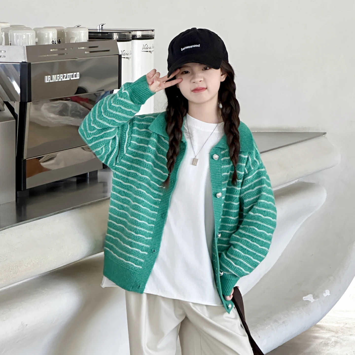 Kids Cardigan Age4-14Y Baby Girl Daily Spring&Autumn Green Striped Knitwear Tween Girl Vintage Outfit Child Casual Style Knitted