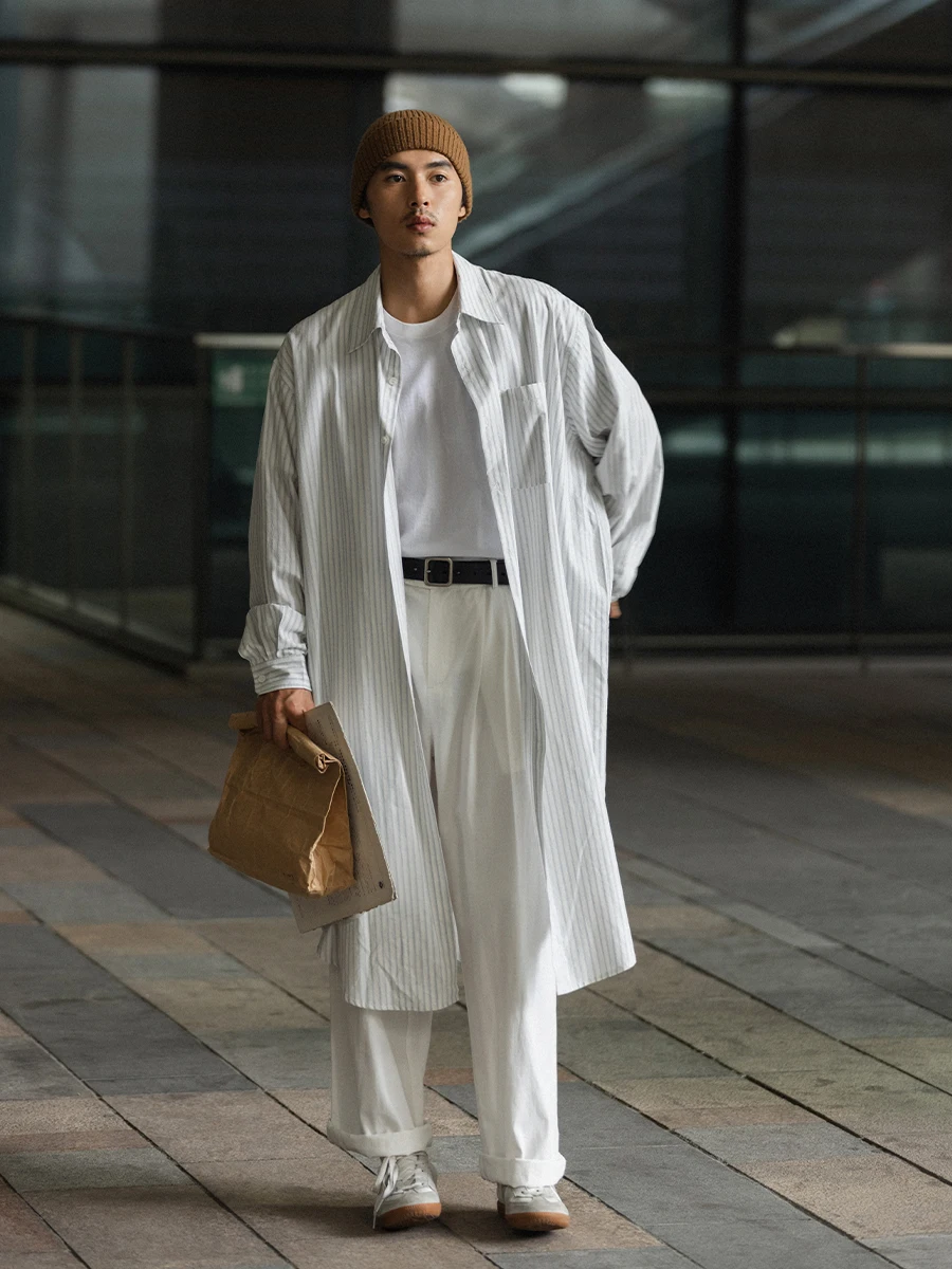 

Мужская рубашка Noears в ретро-стиле, белая в полоску, с длинным рукавом, нейтральная, в японском стиле, до колен, трендовая, дышащая, из хлопка