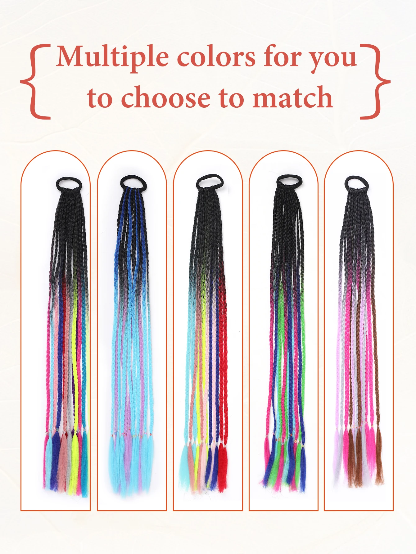وصلات شعر صناعية مضفرة بألوان قوس قزح مع أربطة مطاطية على شكل ذيل حصان مستقيم لحفلة مهرجان الموسيقى والعام الجديد