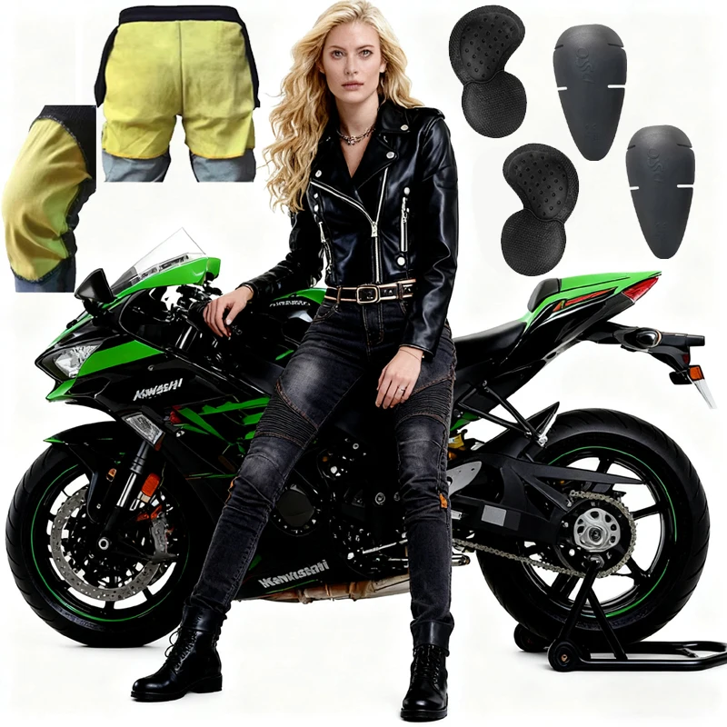 

Kevlar Motorcycle Jeans for Women Aramid Reinforced Trousers Motocross Riding Safety Gear Pants