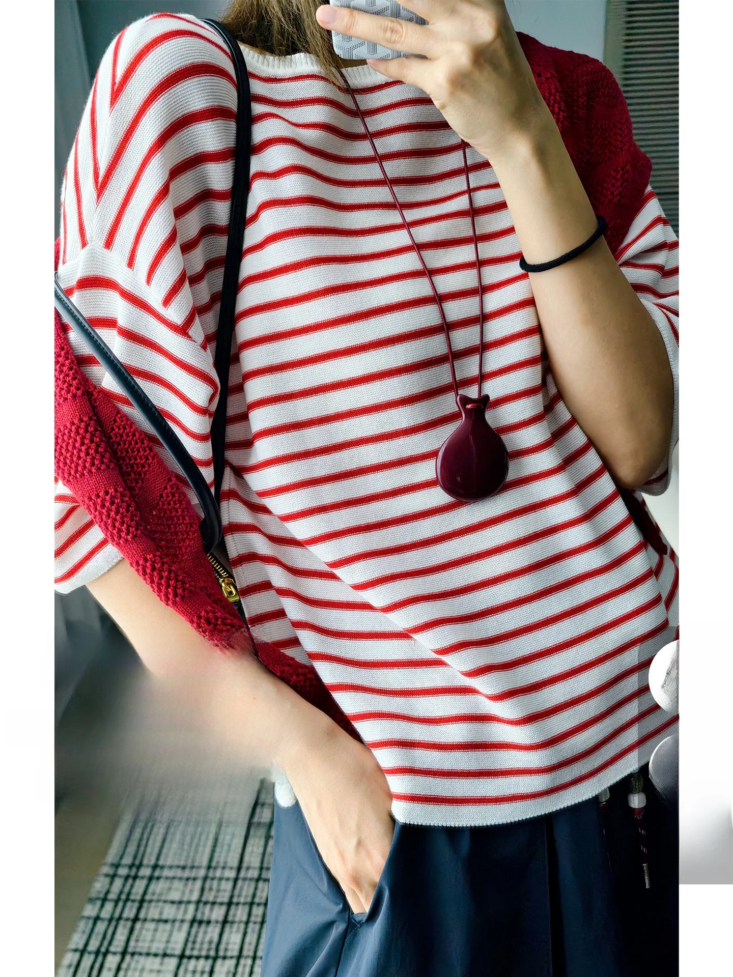 

Meiyang Small Fat Stripe irt Cotton 3D Texture round Ne Top Women's Knitted Sweater Commute Sle Loose Fit ort S...
