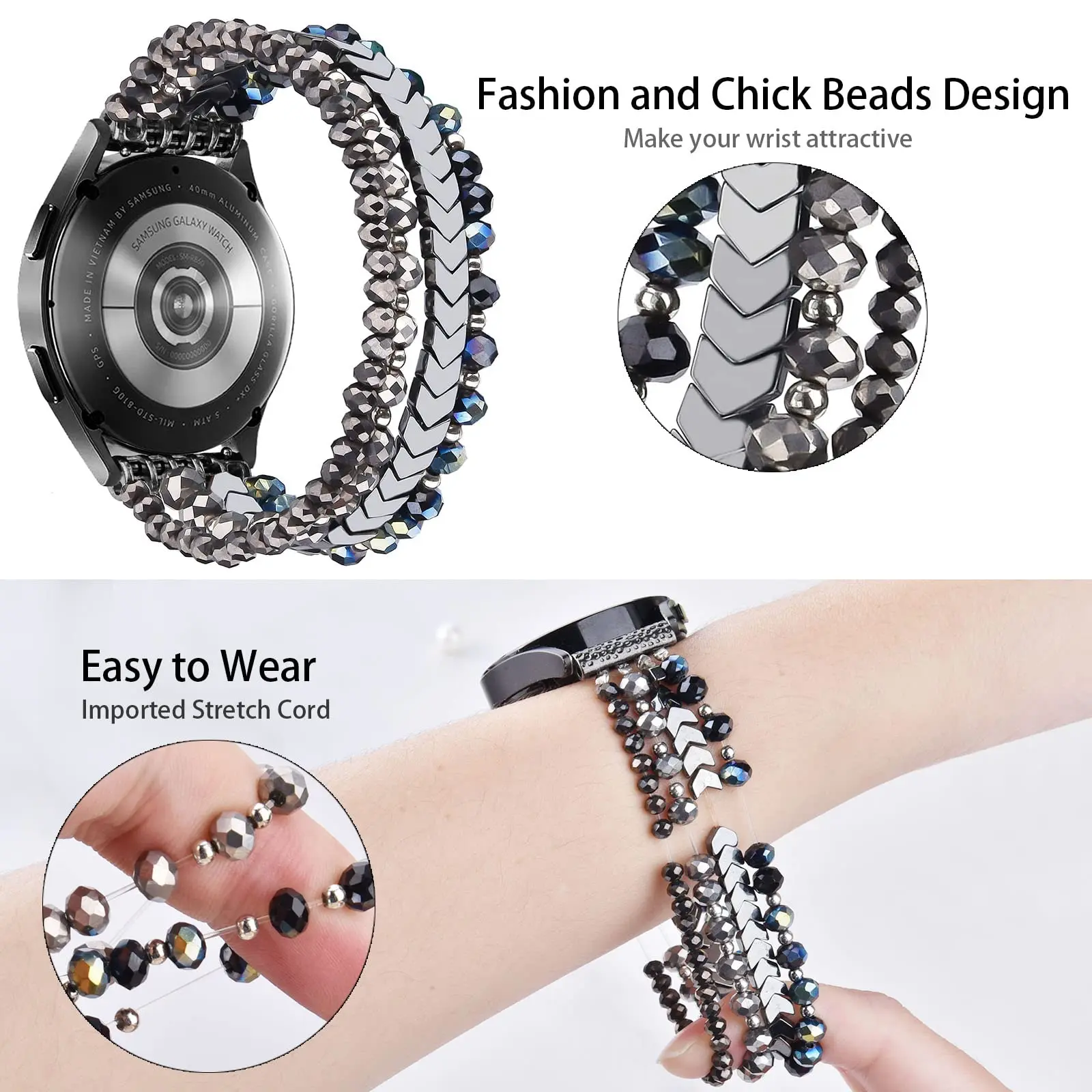Für Samsung Galaxy Watch 6/5/4 40/44 mm Bänder/Active 2 Watch 4 42/46 mm Band Damen, 20 mm handgefertigte modische elastische Kristallperlen – Detail 7