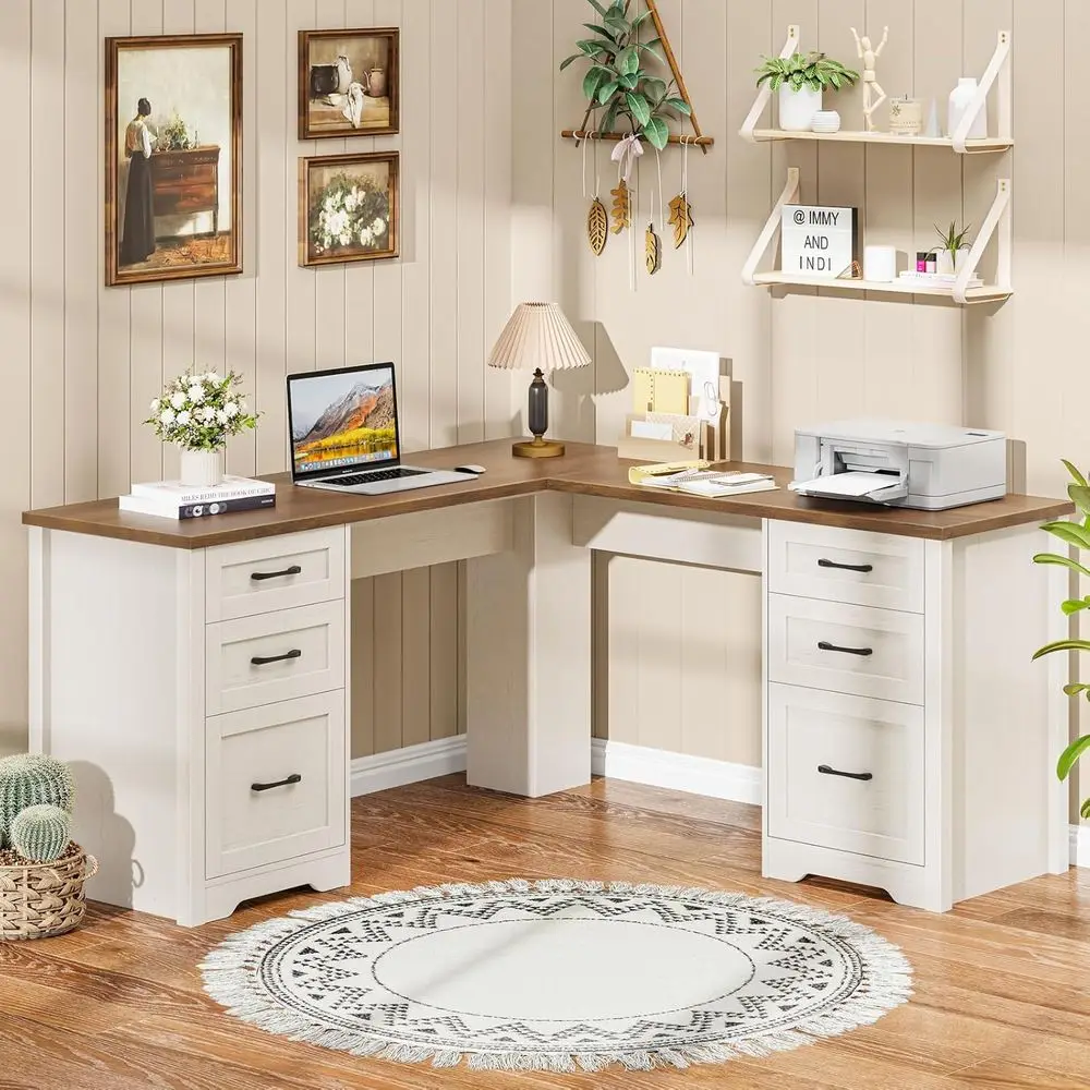 

59 L-Shaped Executive Desk with Storage, Durable Wood Writing Workstation for Computer and Home Office, White