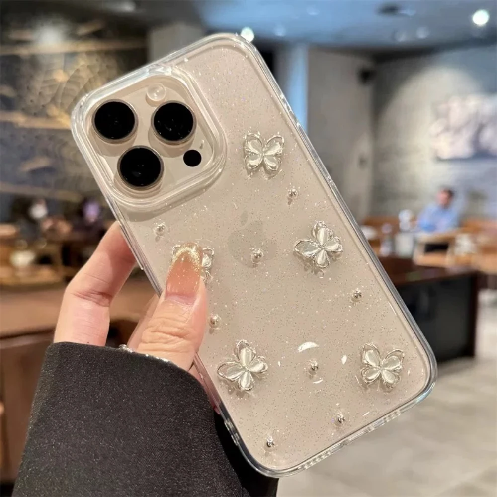 

Korean Cute Glitter Butterfly Phone Case For iPhone 17 16 15 14 13 12 11 Pro Max Plus Girl Bling Clear Shockproof Soft Cover