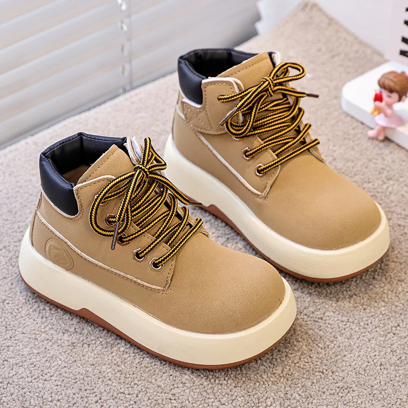 جديد للأطفال موضة الأحذية الصفراء الخريف الشتاء سميكة وحيد صبي فتاة المضادة للانزلاق عالية أعلى الأحذية الجلدية الدانتيل يصل الاطفال حذاء كاجوال #2