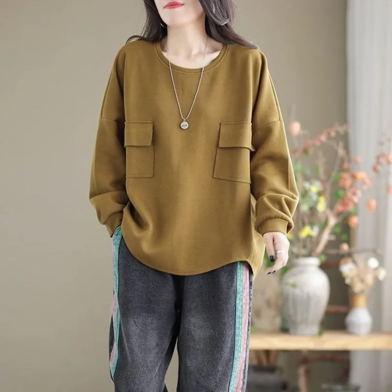 2024 Spring and Autumn Women\'s Round Neck Loose Spliced Solid Color Simple Casual Fashion Elegant Commuting Long Sleeved Sweater