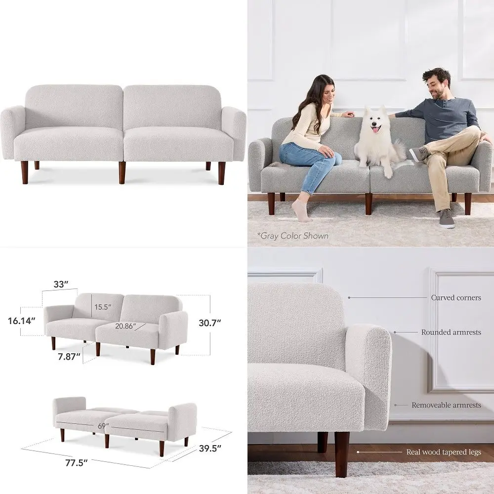 

77 Mid Century Modern Boucle Loveseat Sofa, Couch, Convertible Sofa Sleeper Bed w Real Wood, Removable Armrest Frost Gray