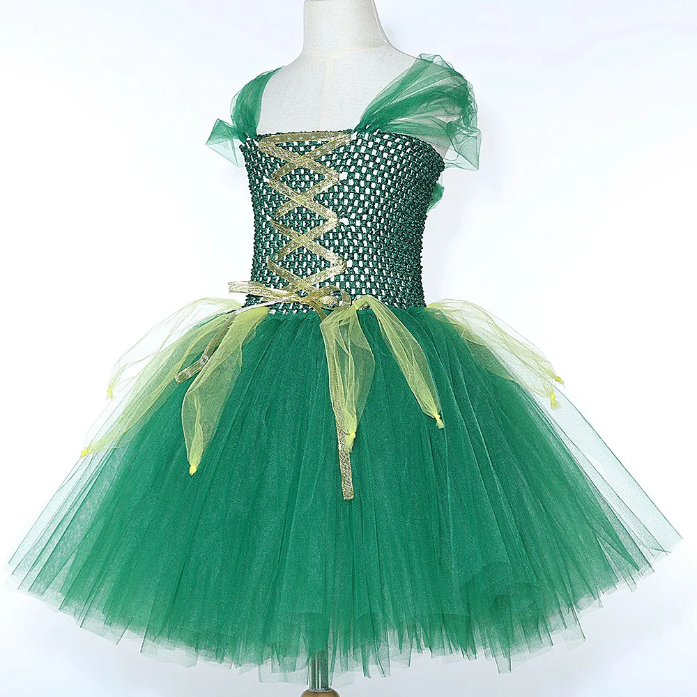Kids Green Forest Elf Tulle Fluffy Sleeveless Colorful Mesh Princess Tutu Dress Halloween Carnival Birthday Party Role Play Wear