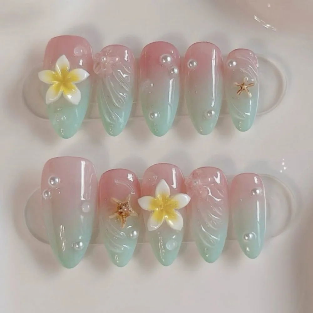 

24pcs 3D carved nail art powder green gradient almond fake nails summer mint small fresh wearing nail