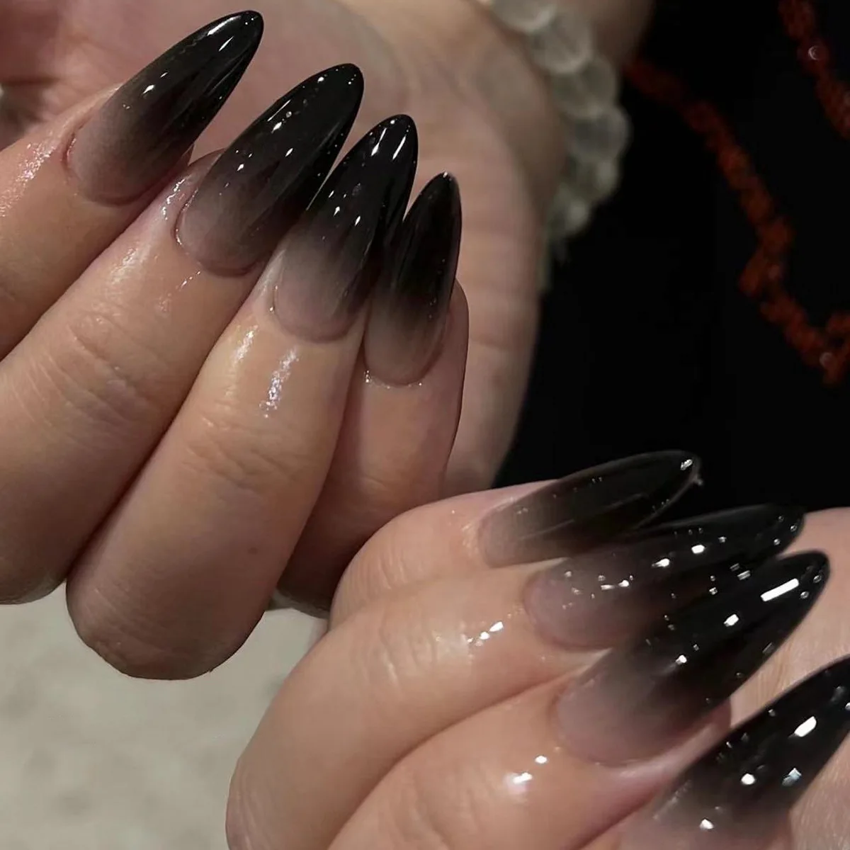 

Black Gradient French Halloween Almond Shape Fake Nails Ghost Pumpkin Detachable Finished False Nails Press on Nails with Glue