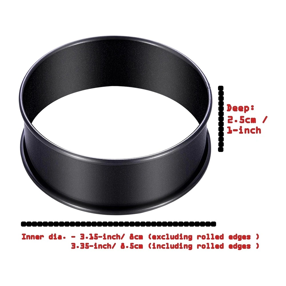 16 عبوة من حلقات المافن الإنجليزية، حلقات كرمبيت غير لاصقة - حلقات تورتة مزدوجة ملفوفة من الفولاذ المقاوم للصدأ، مستديرة سوداء 3.15 بوصة