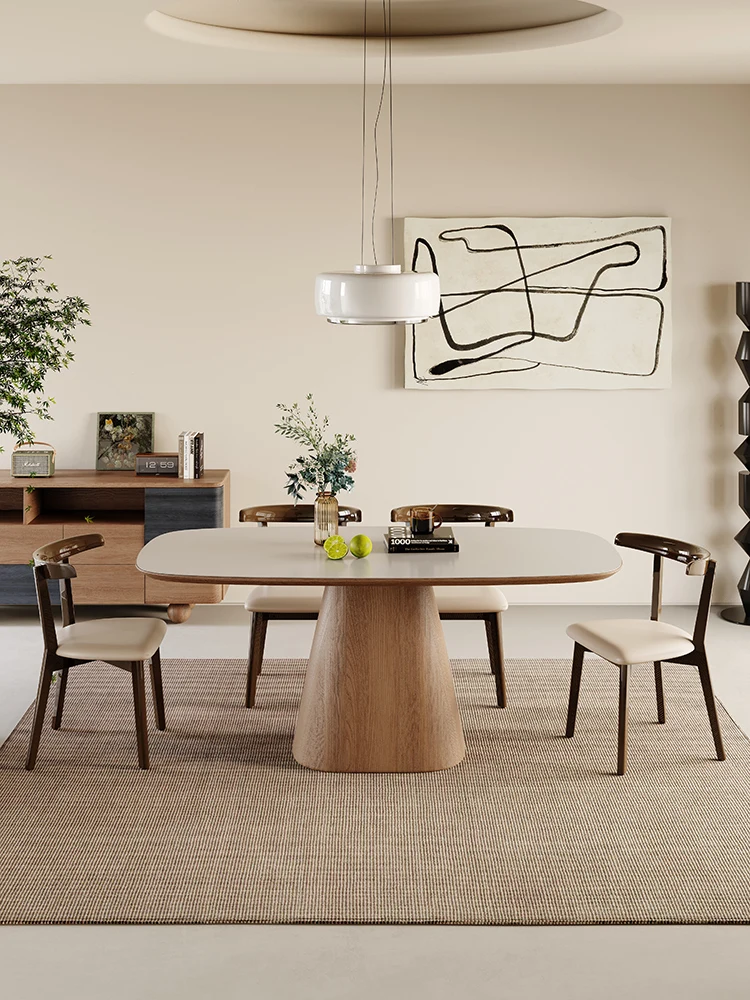 

Solid color rock panel dining table and chair combination modern Nordic household small unit solid wood oval shape