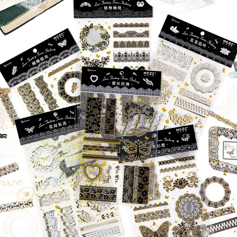 2Sheet Stickers Black lace White Handbook stikers Material handmade Decorative Vintage account collage Scrapbooking 260*152MM