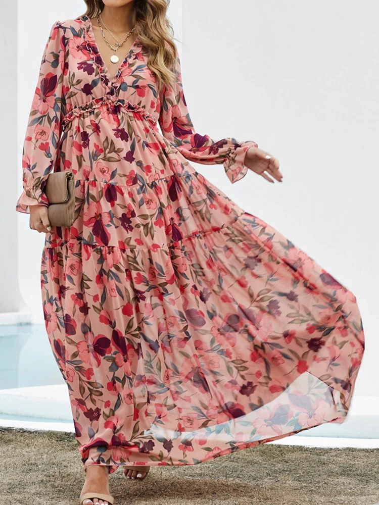 Floral Print Long Dress Women Autumn Long Sleeve V Neck Ruffle Dress Boho Vinatge Casual Maxi Dress Elegant Loose A Line Dress