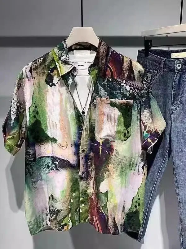 

Мужская летняя рубашка свободного кроя с воротником, с принтом в стиле гавайской винтажной живописи, повседневная, драпированная, дышащая, тонкая