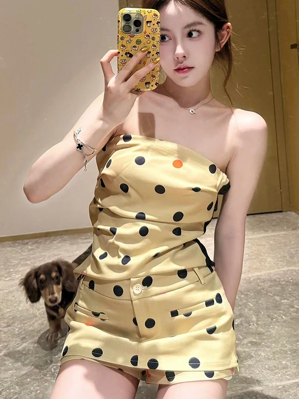 

Fashionable Polka Dot High Waist Slimming Short Set Sexy Top And Bottoms Two Piece Outfit Korean Style Casual Wear for Women
