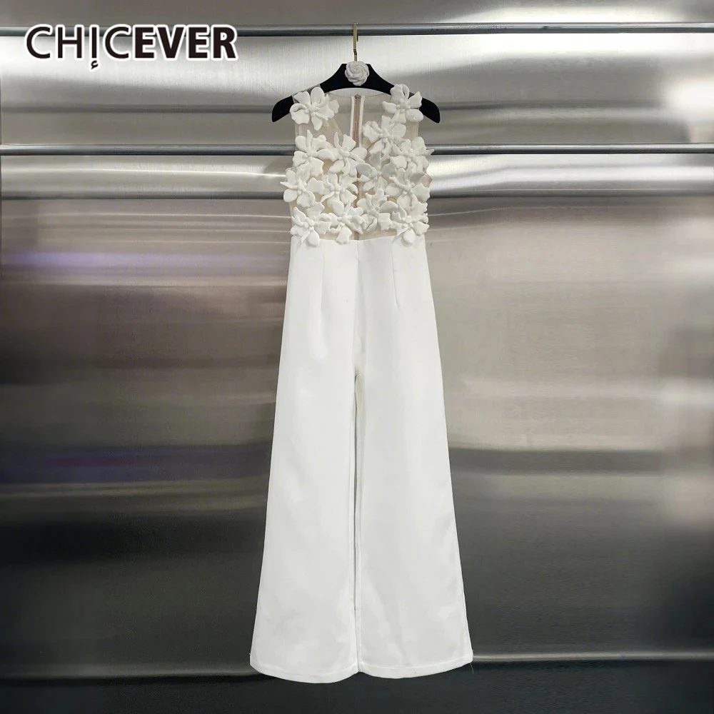 CHICEVER Tuta elegante con applicazioni impiombate ritagliate per Owmen O Collo senza maniche Vita alta Patchwork Zip Tute bianche Donna