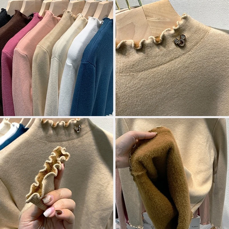 Winter Lined Thick Sweater Women Korean Wave Half Turtlenck Long Sleeve Knitted Sueter Elegant Plush Velvet Knit Bottoming Top