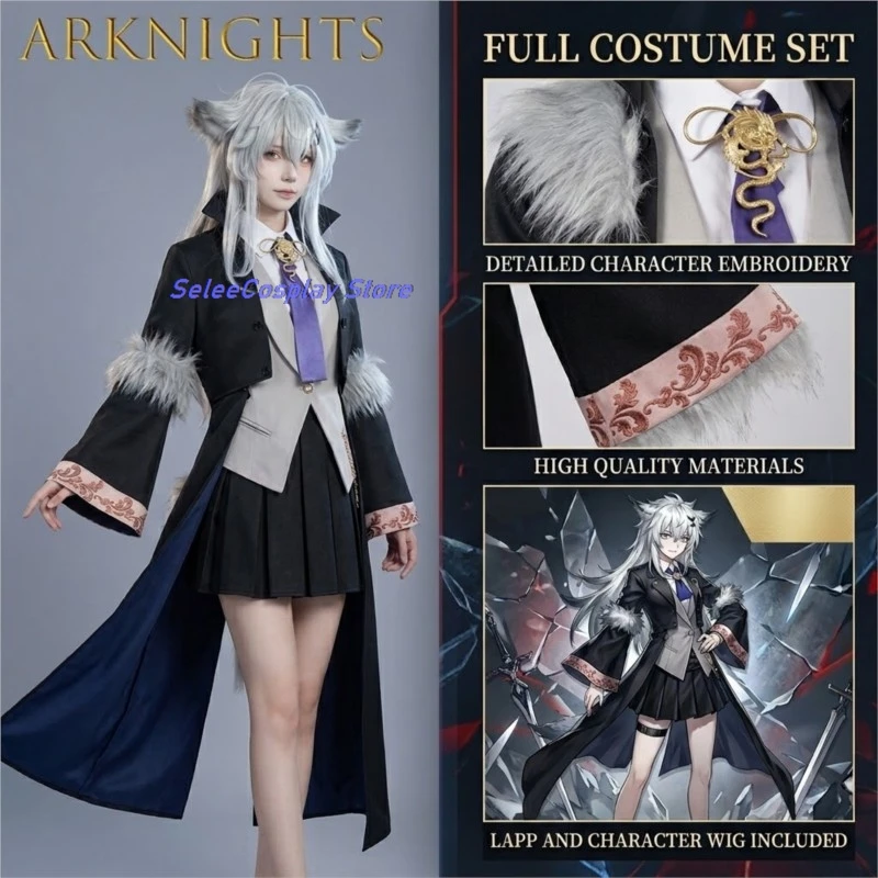 

Arknights Lappland Childhood Cosplay Costume Full Set Including White Ruffled Dress Black Cape Wolf Ear Headband And Short Boots