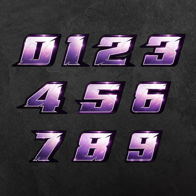 Purple Gradient Motorcycle Number Stickers 0-9, Glossy Metallic Racing Vinyl Decals for Dirt Bike Helmet Decor
