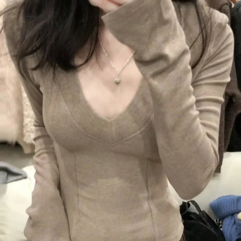 الكشمير حفرة قطاع الوجهين نحى الخامس الرقبة قاع قميص طويل الأكمام تي شيرت المرأة نقية شهوة نمط أعلى #6