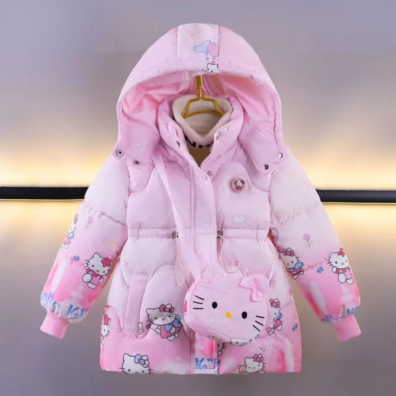 2024 Winter Girls Down Jackets Coats 4-8 Years Kids Sanrio Hello Kitty Fashion Thicken Warm Snow Coat Children Hooded Long Parka