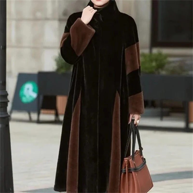 Otoño Invierno mujer chaqueta larga de piel integrada 2025 mujer de manga larga abrigo de piel sintética señoras cuello alto Tops de felpa prendas de vestir