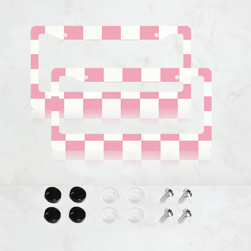

2PC 2-Hole License Plate Frame in Pink and White Checkered Design, Aluminum Material, 6x12 Inches, with Screws