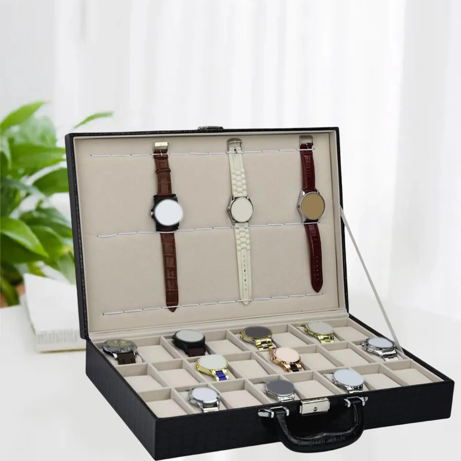 Watch Box with 24 Slots and 12 Strap Large Portable Sturdy Hinges for Men Display Storage Case Watch Holder Gifts