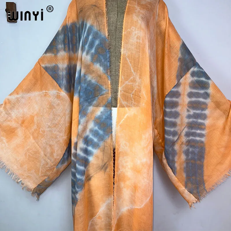 WINYI new Women Tie-dye print Elegant Casual dress African Cardigans Outerwear For Women Summer Sexy cotton feeling loose Kimono