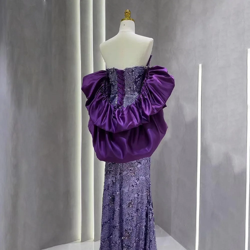 Robe de Soirée de Forme Sirène en Satin Violet pour Femme, Tenue Luxueuse avec Manches Détachables et Fente Latérale