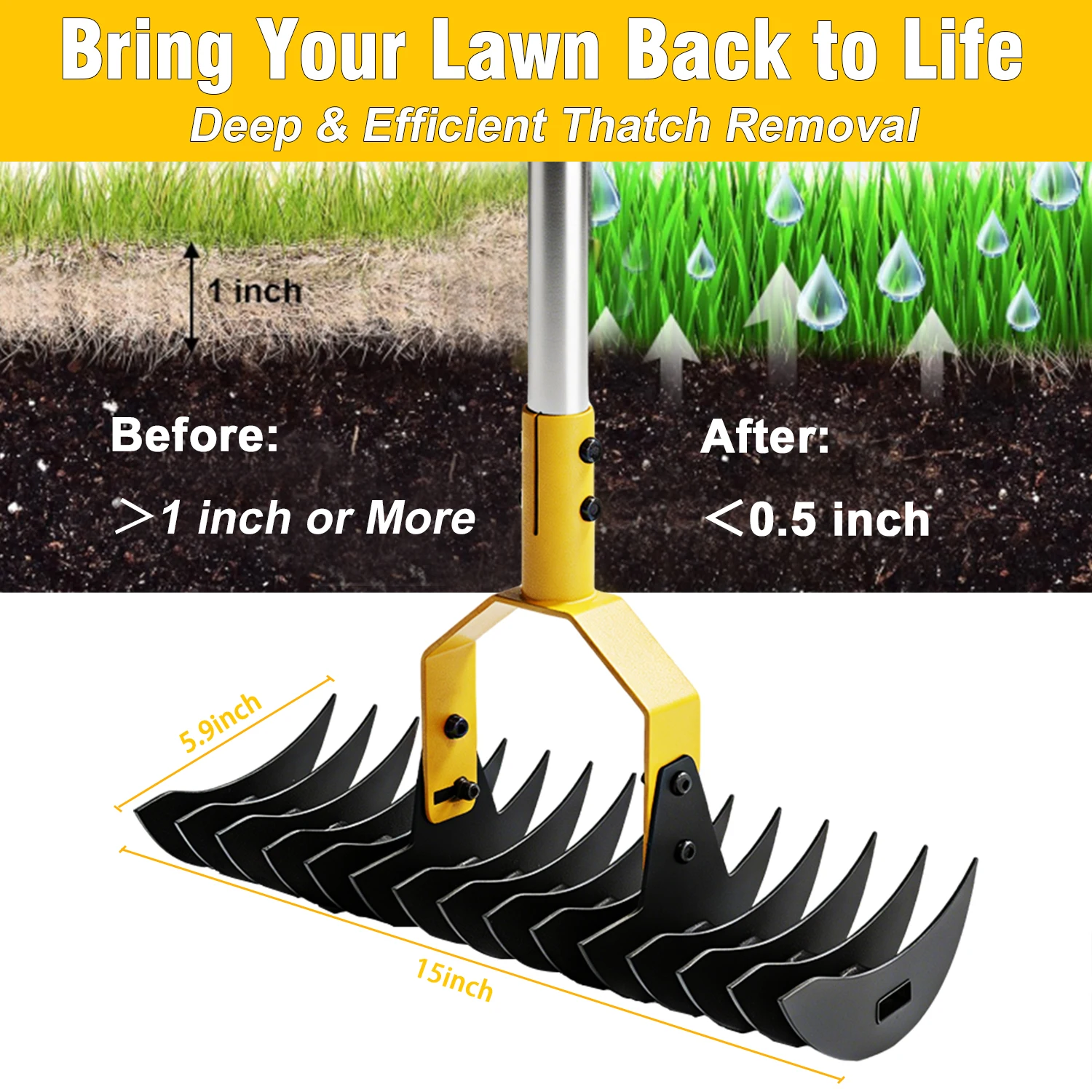 Steel Metal Lawn Grass Rake With Handle Lawn Thatch Rake