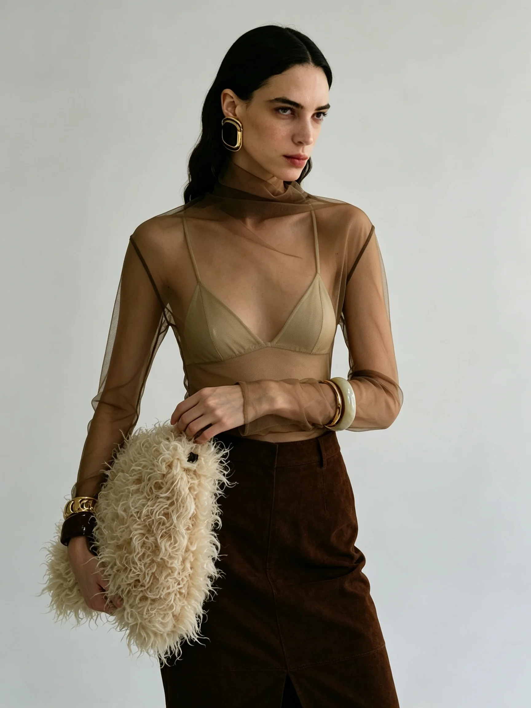 

LIMO Sheer Mesh Turtleneck Long Sleeve See Through Wrap Blouse Top