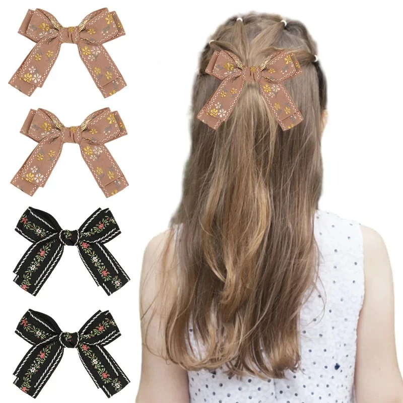 Ncmama 2 peças grampos de cabelo bordados florais de camada dupla para meninas grampos de cabelo com laço fofo borboleta acessórios para cabelo de bebê