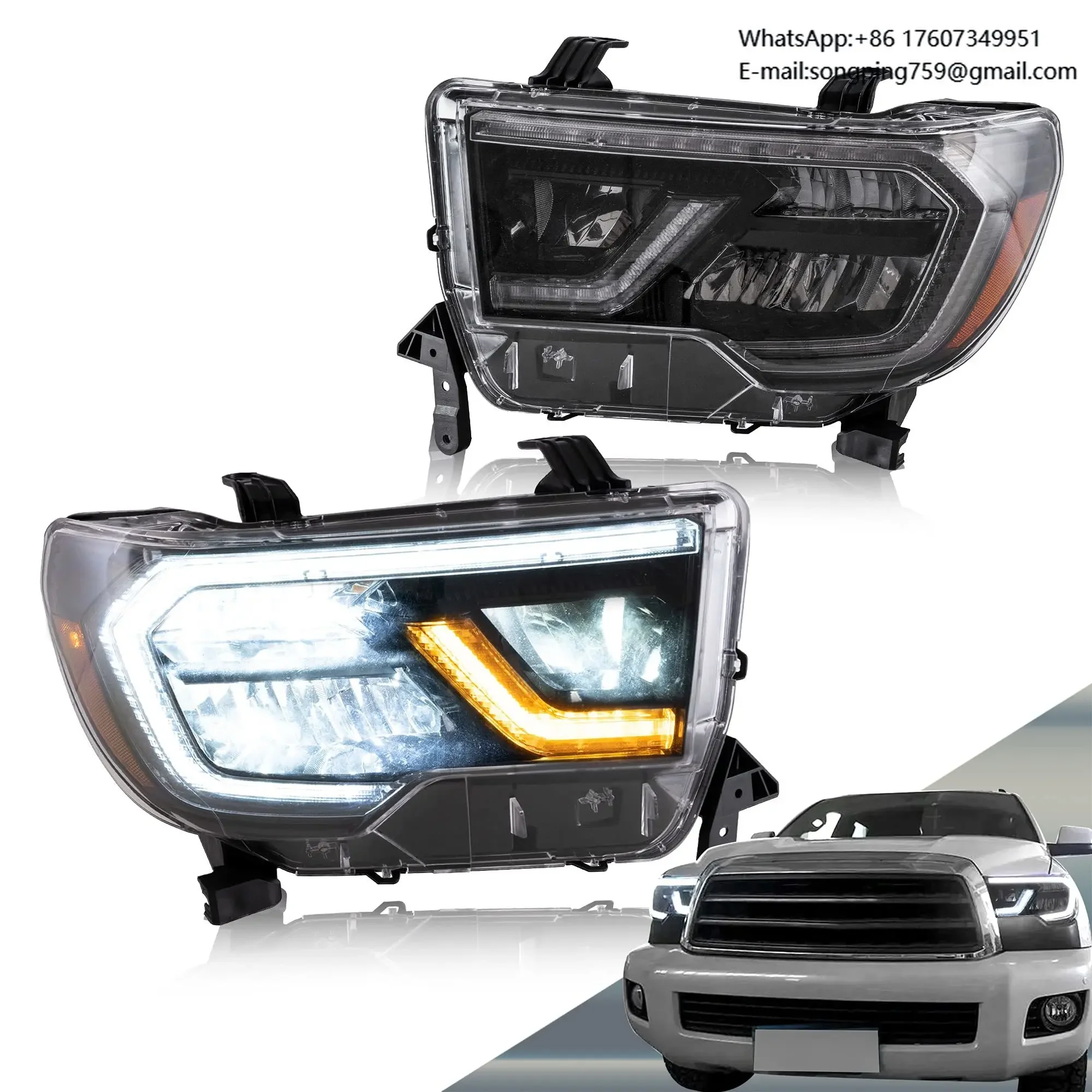 For Toyota Tundra 2007-2013 Sequoia 2008-2021 LED Headlights Assembly W/ Sequential Signal Diamond White DRL Reflection Bowl