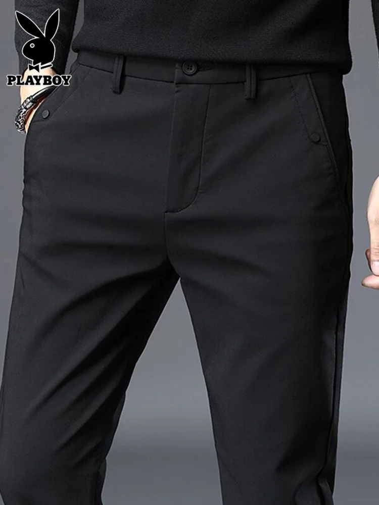 

Black Slim Fit Casual Pants for Men Spring 2024 Fashionable Elastic Youthful Style Pocket Detail mid Waist Button Closure